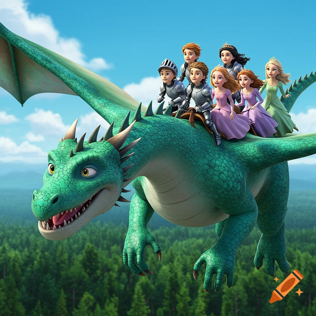 An animated green dragon flies above a forest with four young knights and four young princesses riding on its back, all looking at the camera.