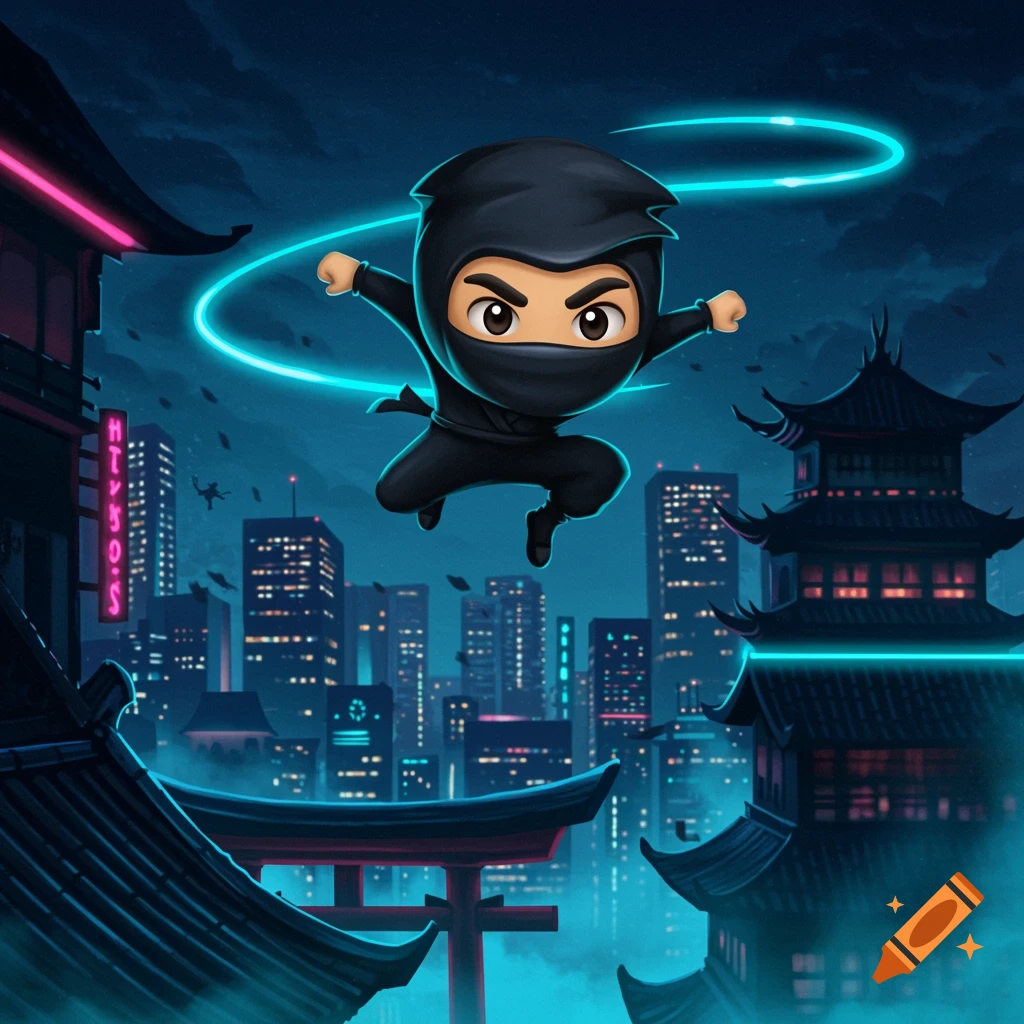 A stylized cartoon ninja in a black suit leaps with a blue glowing aura against a dark, neon-lit cyberpunk city at night.