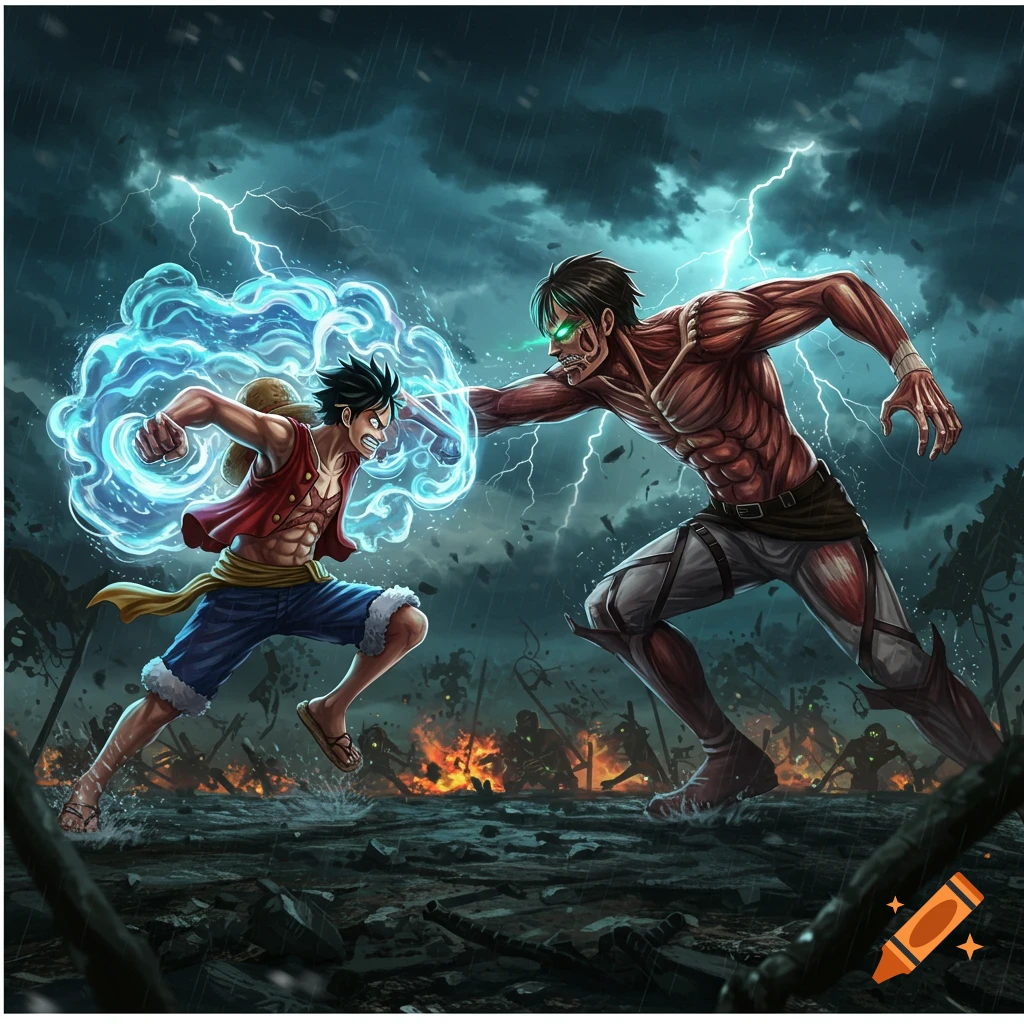 Anime style illustration of Luffy punching the Attack Titan Eren Yeager amidst a stormy, battle-scarred landscape with lightning.