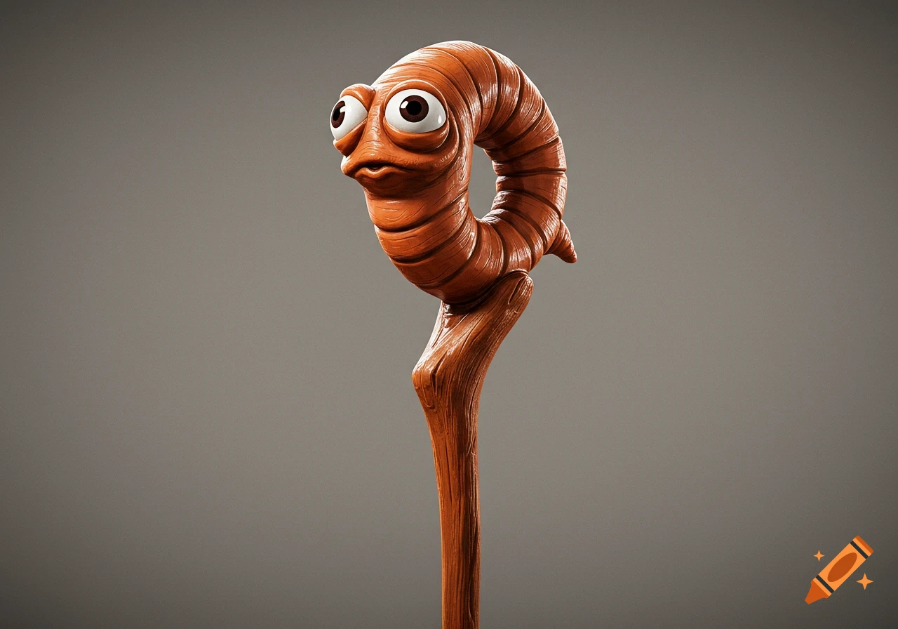 A close-up of a cartoonish orange worm with large eyes carved into the top of a wooden staff against a grey background.