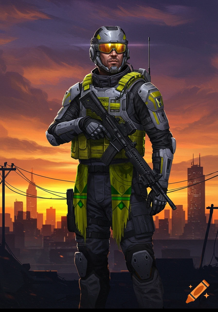A soldier in grey and neon yellow tactical gear with a rifle stands before a city skyline at sunset, in a digital art style.