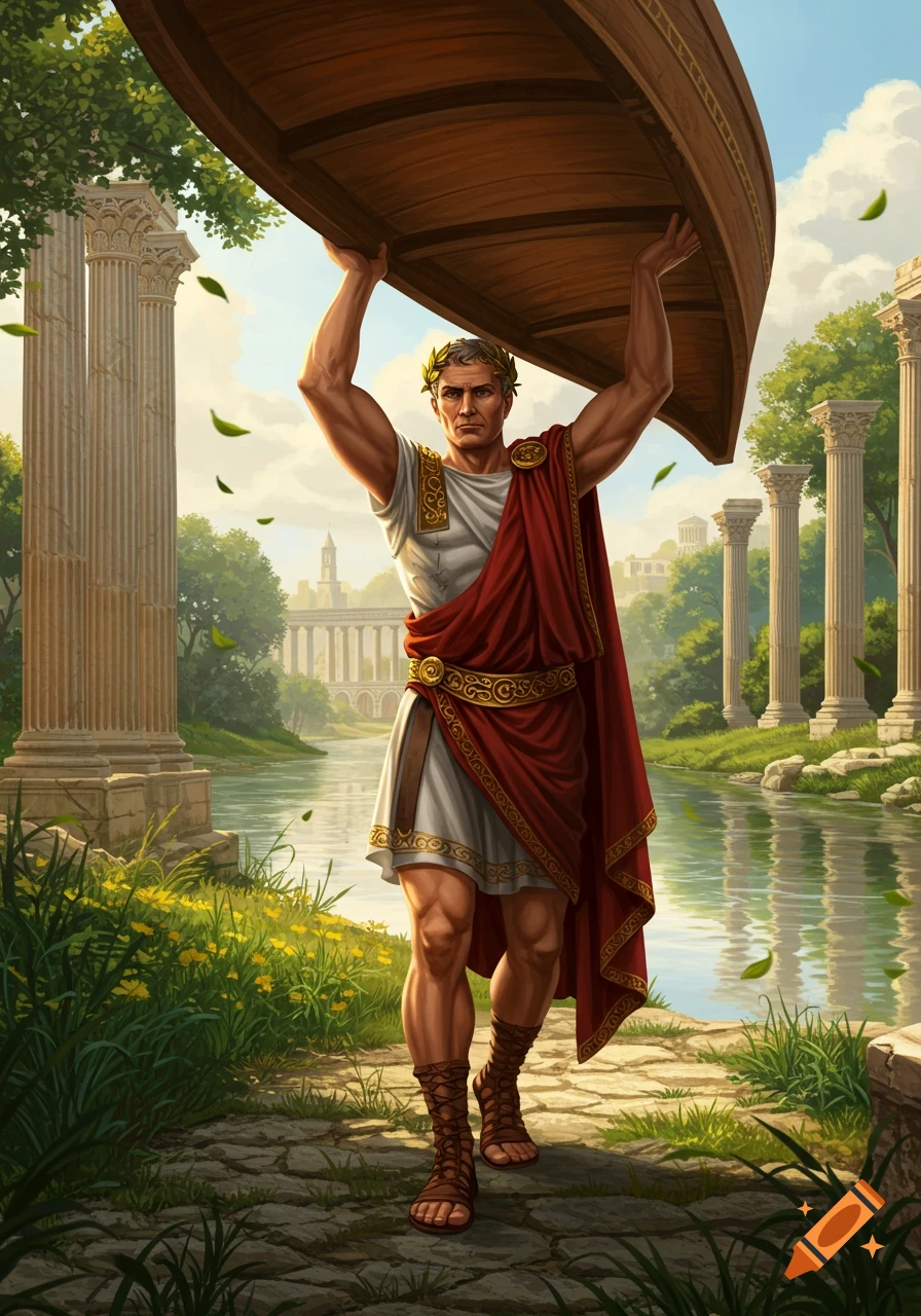 A man in Roman attire with a laurel wreath carries a wooden boat on his shoulders by a river with ancient ruins, digital painting.