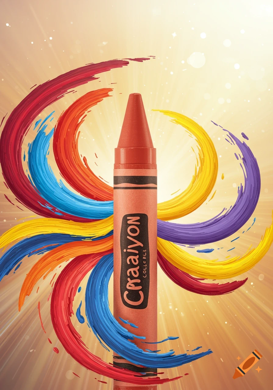 A red crayon stands upright surrounded by swirling strokes of red, blue, yellow, and purple paint against a glowing background.