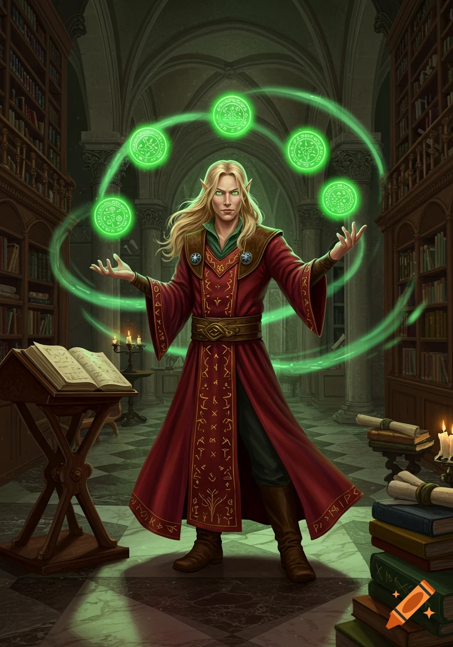 A blonde elf sorcerer in red robes conjures three glowing green magic orbs in an arcane library, fantastical art style.