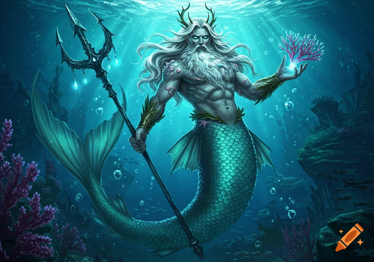 A majestic merman, reminiscent of Poseidon, with long white hair and beard, holds a trident and glowing coral underwater in an ethereal fantasy style.
