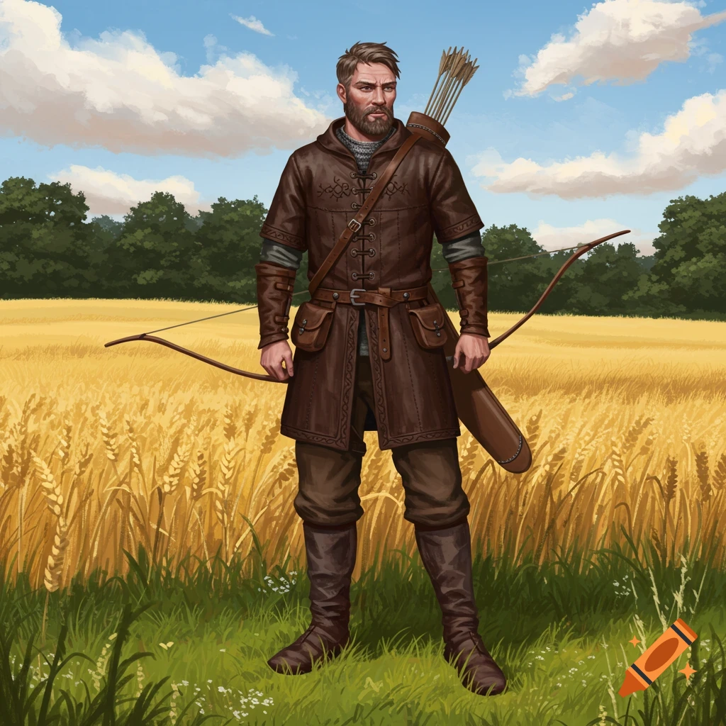 A bearded man in a brown leather tunic stands in a golden wheat field, holding a bow and carrying a quiver of arrows.