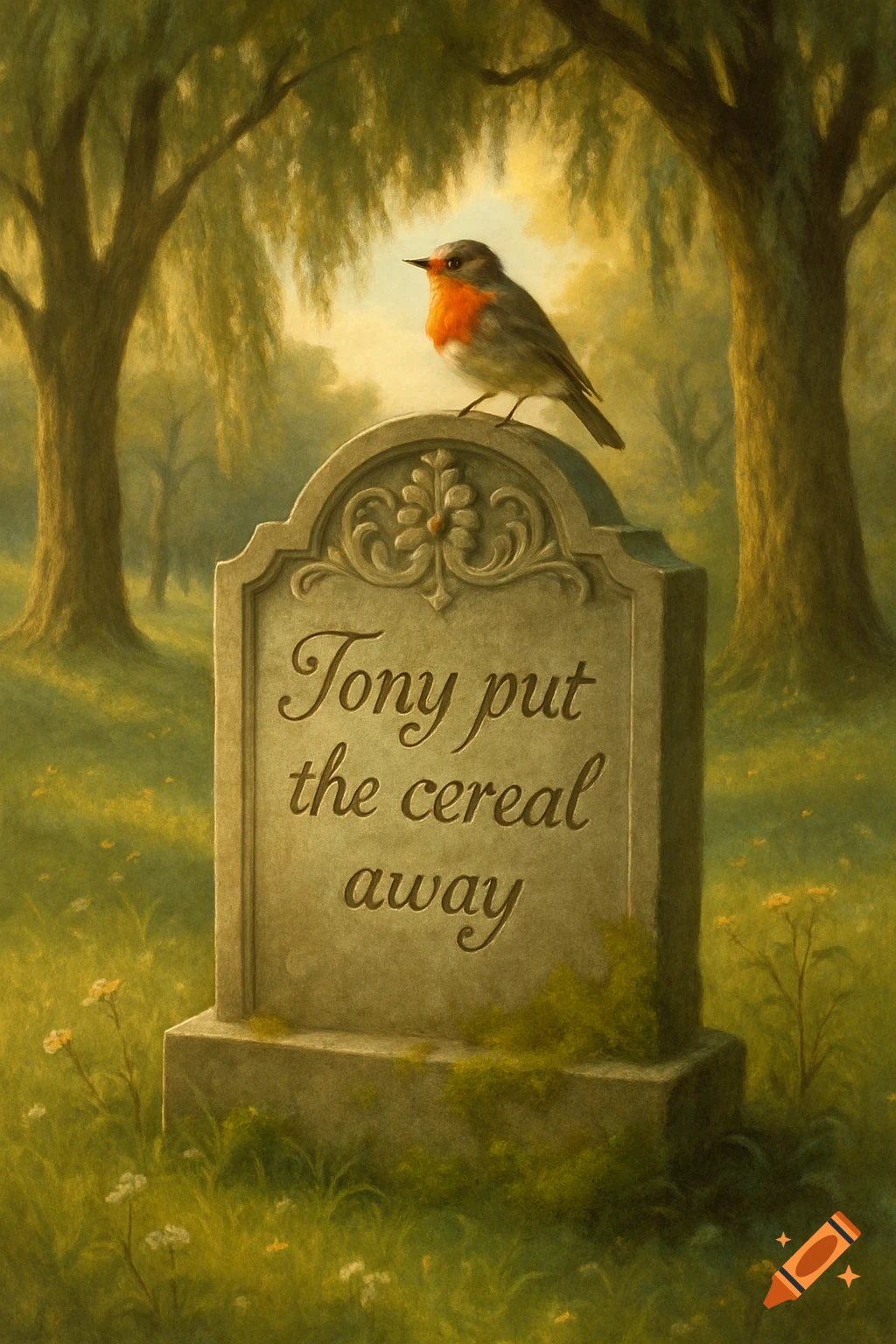 A robin sits atop an old tombstone in a sunlit, green graveyard. The tombstone reads, "Tony put the cereal away."