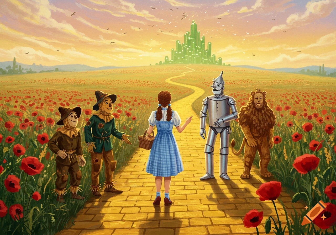 Dorothy, Scarecrow, Tin Man, and Lion walk the yellow brick road through a poppy field towards the Emerald City at sunset, illustration.