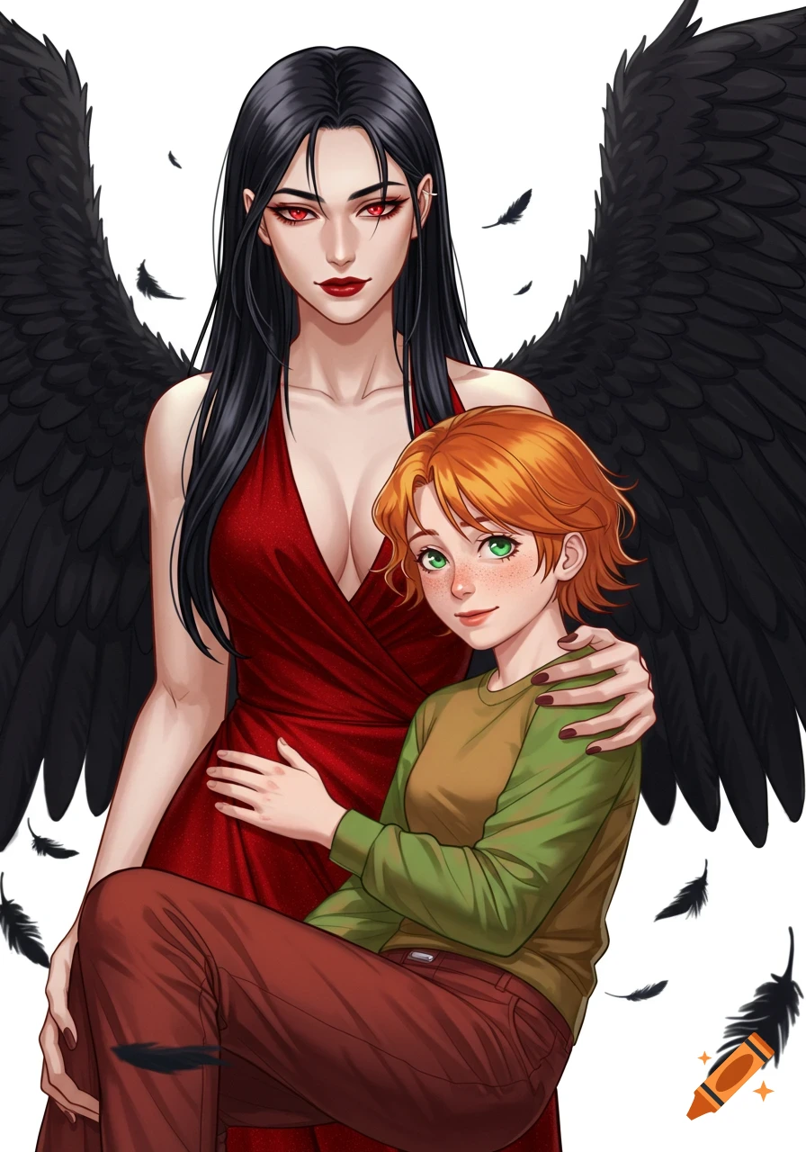 An anime-style image of a tall, black-haired angel woman with red eyes and black wings, wearing a red gown, holding a shorter, red-haired woman with green eyes in a casual outfit.