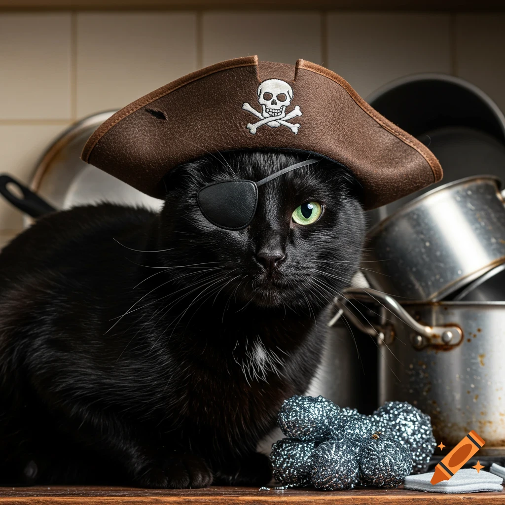 A black cat wearing a pirate hat and eye patch sits in front of dirty pots and pans, with steel wool beside it.