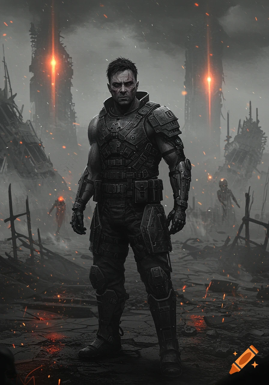 Battle-hardened man in futuristic armor stands in a desolate, post-apocalyptic wasteland with glowing towers, in a dark, gritty style.