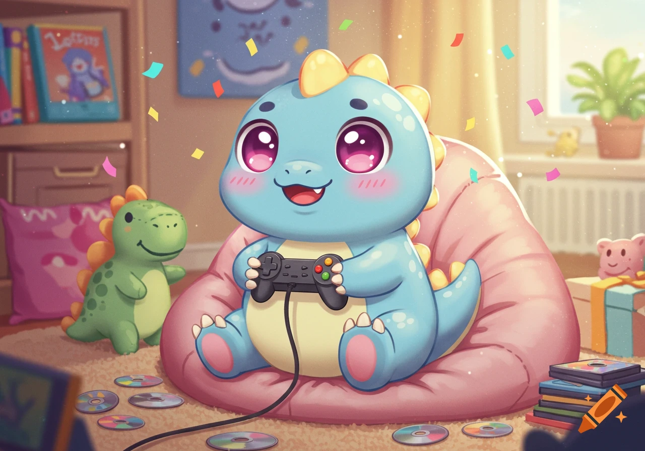 A cute blue chibi dinosaur sits on a pink beanbag chair, playing a video game with a controller in a cozy room with confetti.