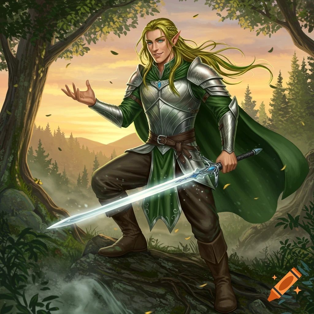 An elven swordsman with long green-streaked blonde hair, blue eyes, and a smile, wearing silver armor and green clothing, stands in a forest at sunset holding a glowing sword.