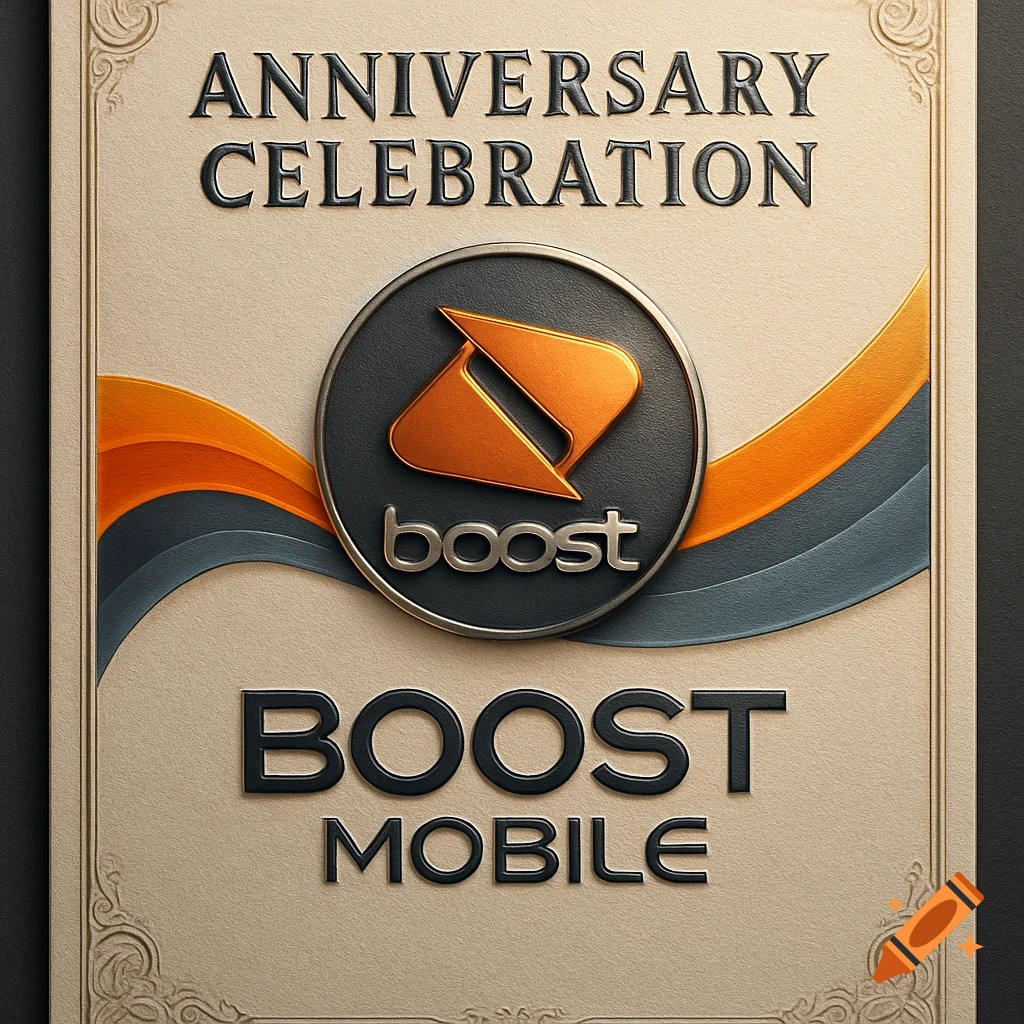 An embossed anniversary certificate for Boost Mobile with their logo, featuring the text 'Anniversary Celebration' and 'Boost Mobile'.