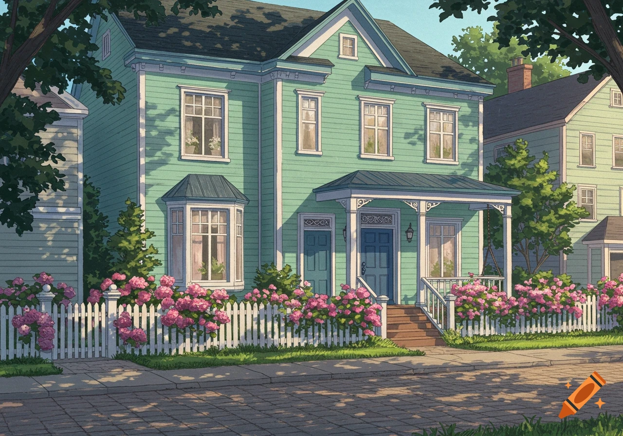 A mint green two-story house with blue trim, a white picket fence, and pink hydrangeas in an illustrative style.