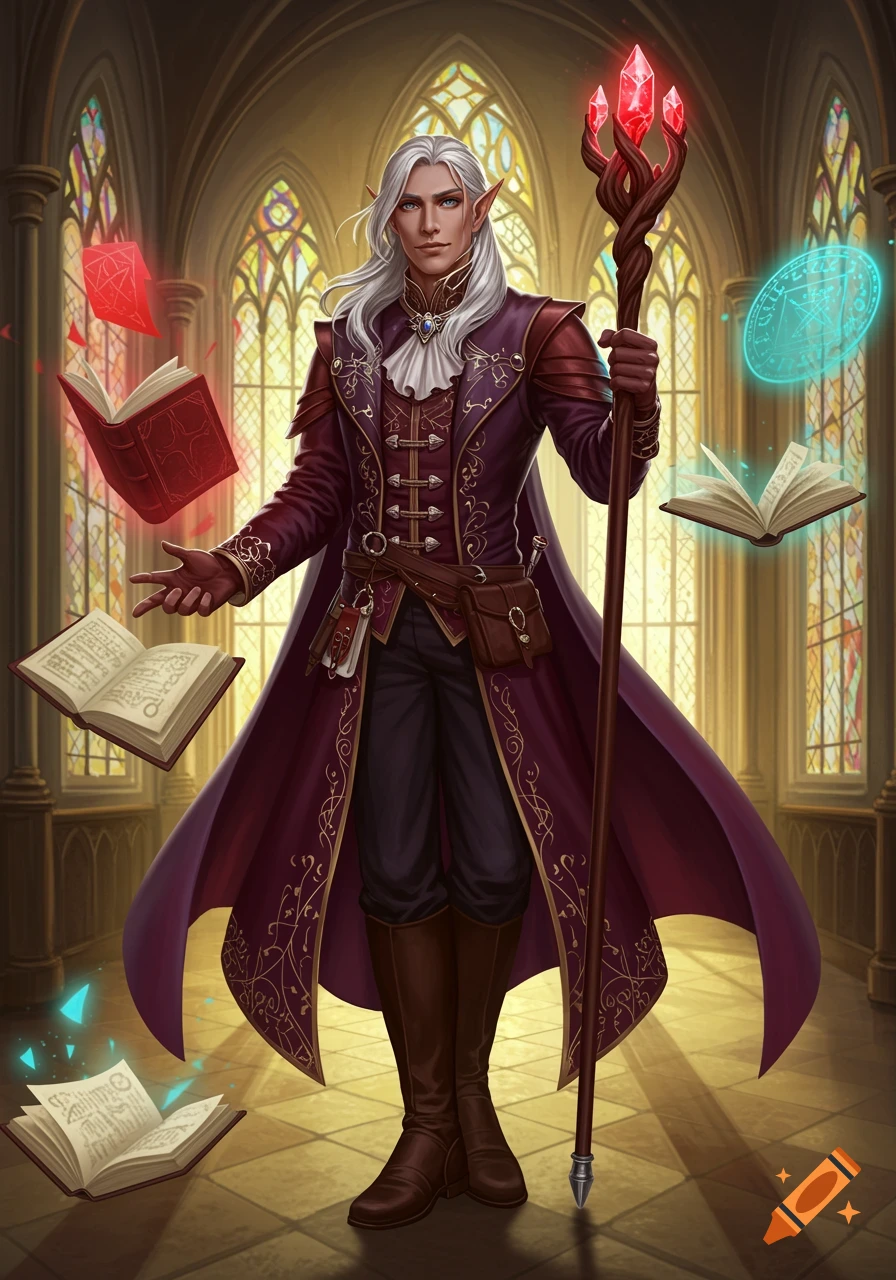 A male half-elf noble mage with white hair in a purple coat, holding a staff, surrounded by floating magic books in a gothic hall.