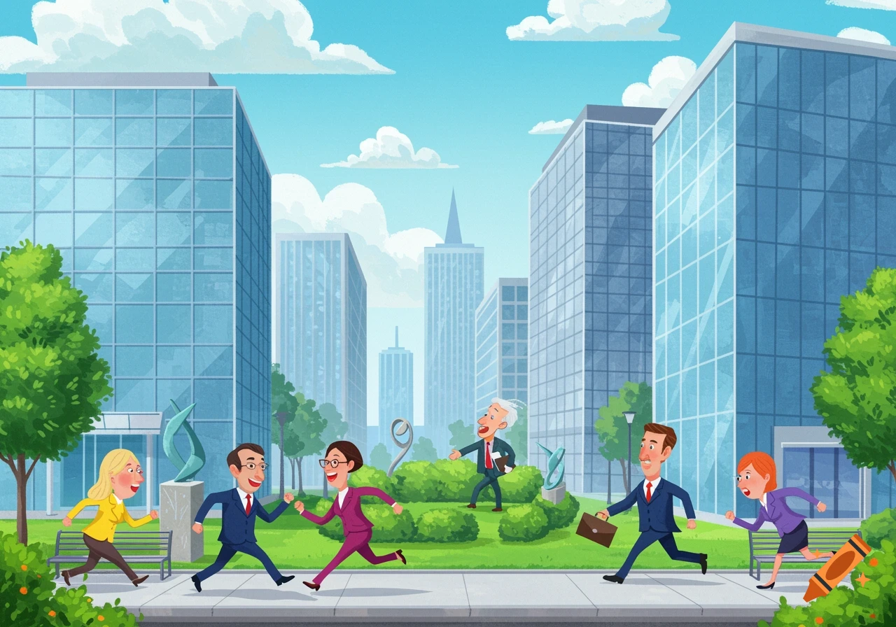 Cartoon illustration of business people running through a city park with modern office buildings in the background.