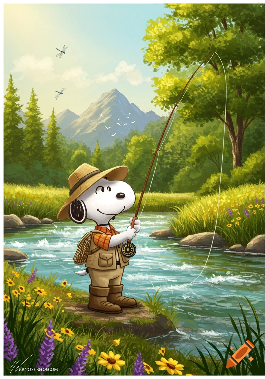 Cartoon illustration of Snoopy wearing a fishing hat and vest, fly fishing in a river surrounded by trees, mountains, and wildflowers.