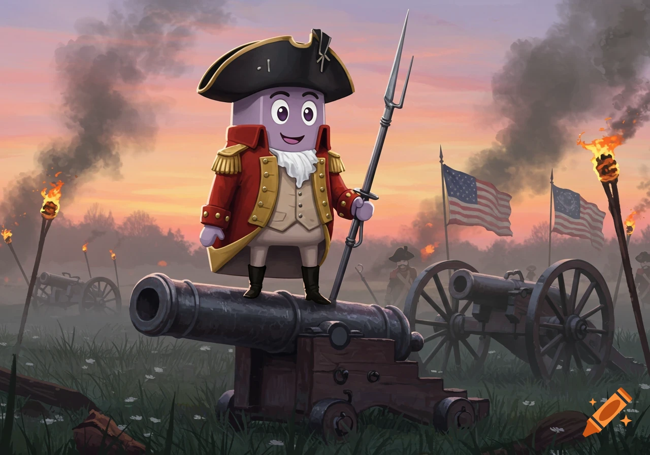 A cartoon Microsoft Clippy dressed as a Revolutionary War soldier stands on a cannon in a smoky battlefield at sunset, with US flags and other cannons.