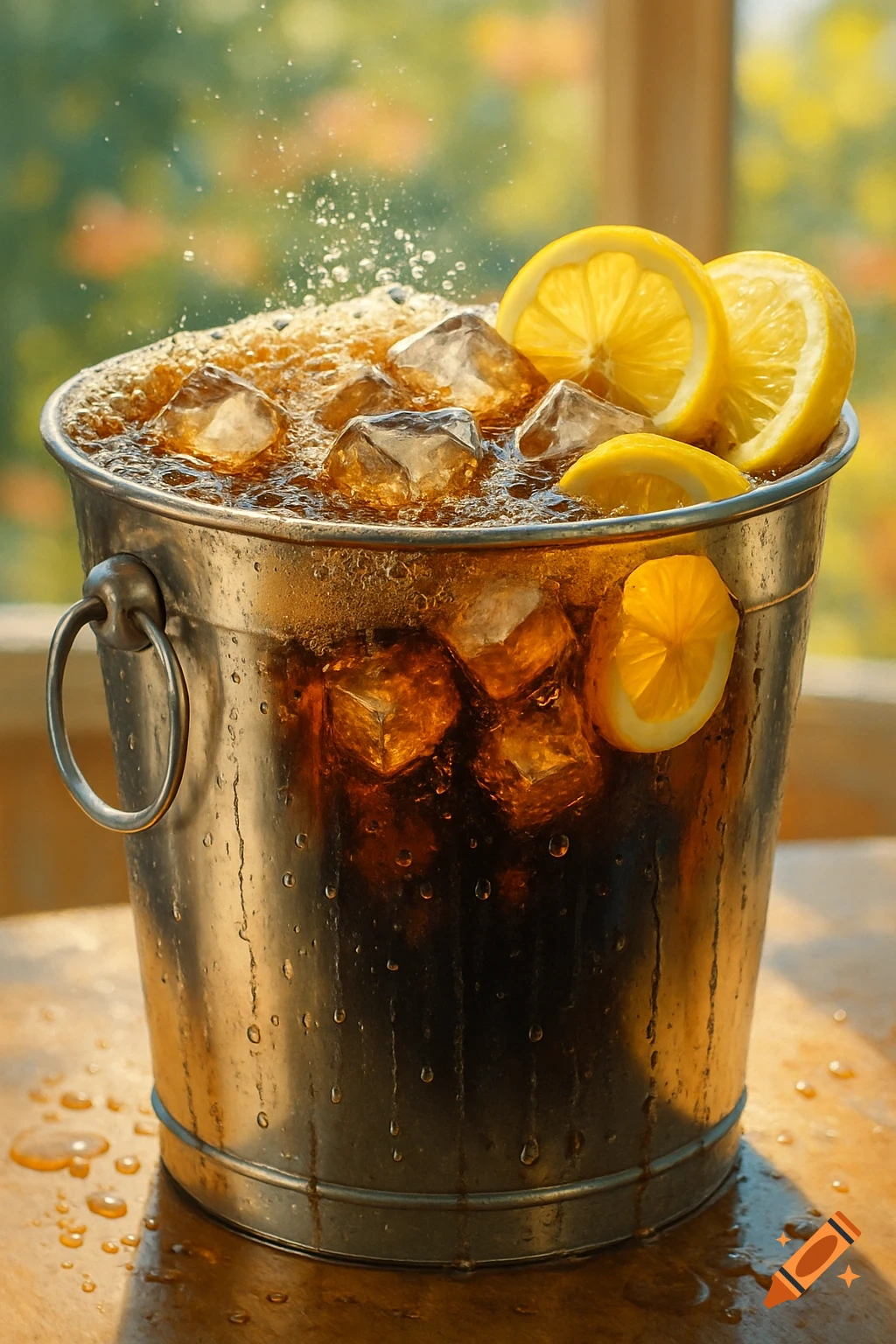 A photorealistic image of a metal bucket overflowing with a dark, fizzy drink, ice cubes, and lemon slices on a wooden surface.