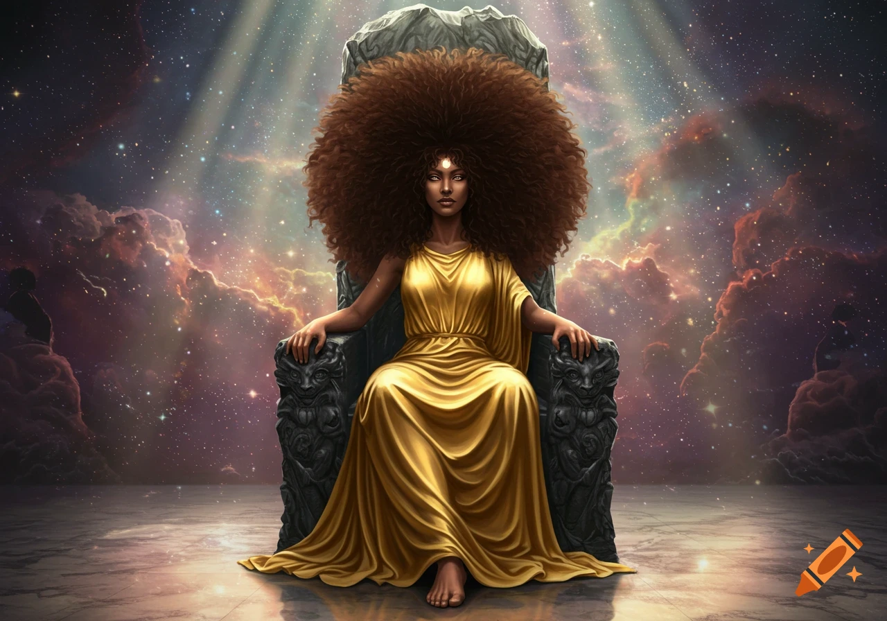 A powerful dark-skinned goddess with large frizzy hair sits on a stone throne against a cosmic backdrop.