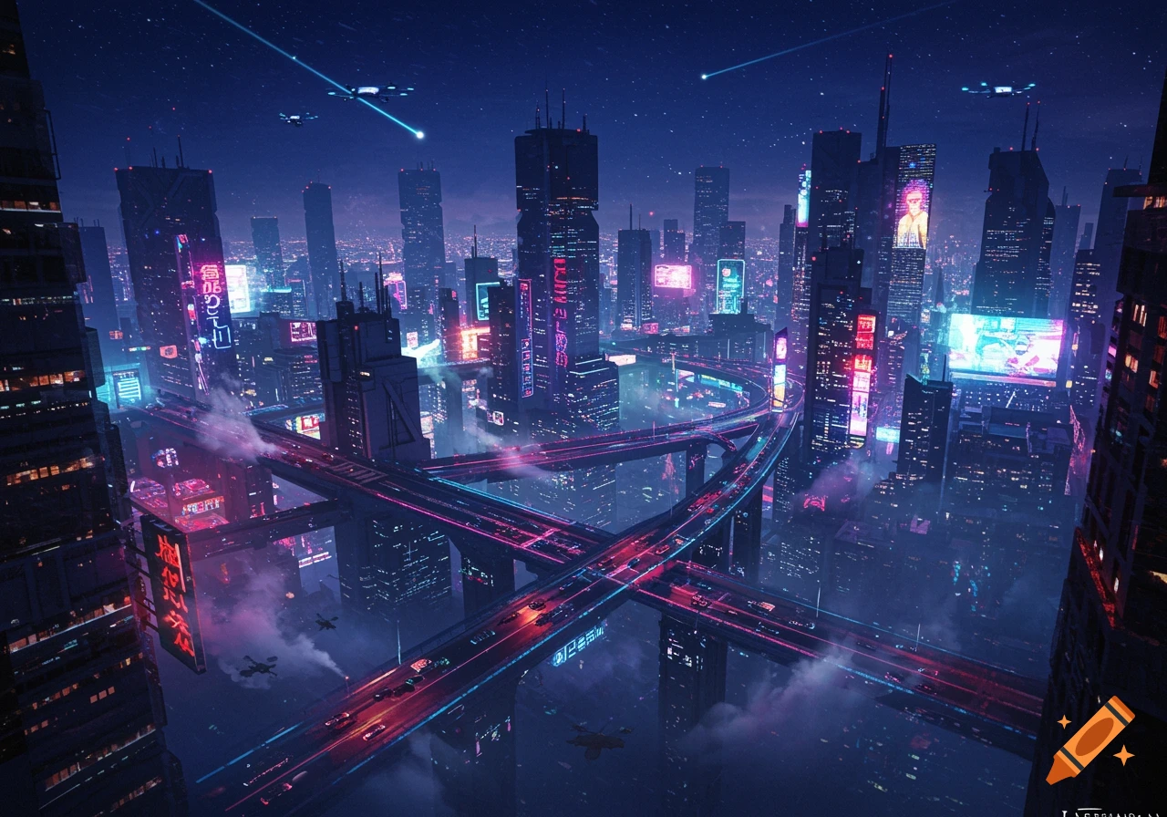 An aerial night view of a cyberpunk city with neon-lit skyscrapers, elevated highways with glowing traffic, and futuristic vehicles flying in the starry sky.