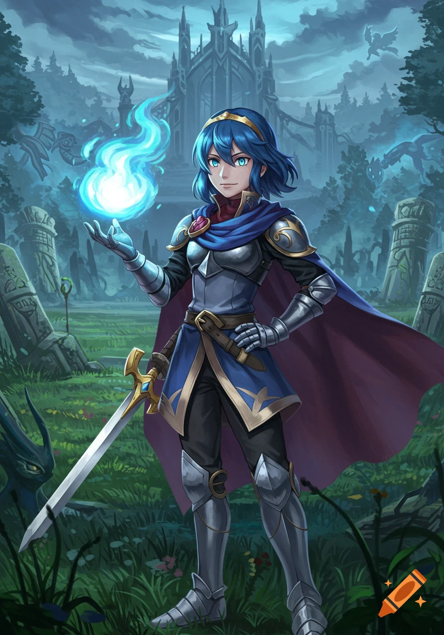 An anime-style female warrior with blue hair and armor stands in front of a gothic castle, holding a blue flame.