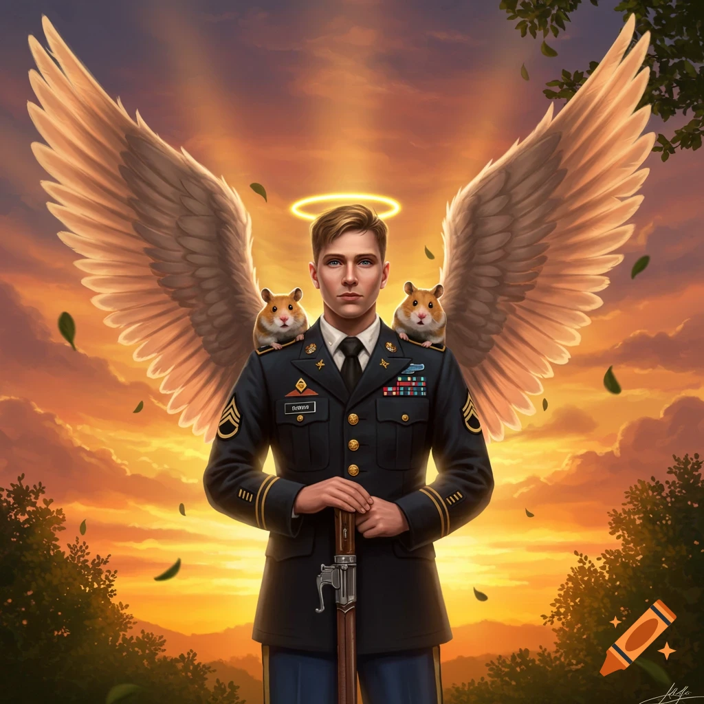 An angel in a military uniform with two hamsters on his shoulders stands against an orange sunset background, holding a rifle.