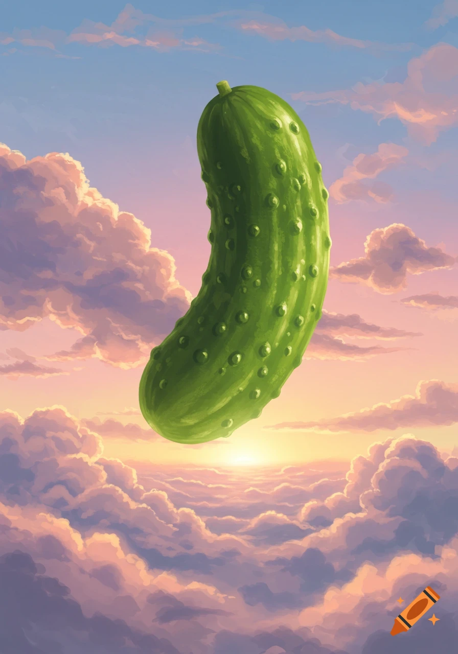A vibrant green pickle floats upright in a colorful sky filled with fluffy pink and purple clouds during sunset.