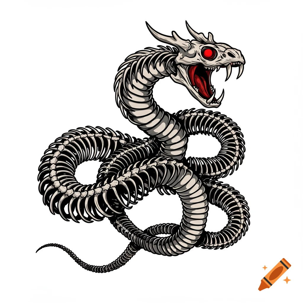 An undead skeleton snake with dragon features, coiled to strike, with red eyes and fangs, illustrated in black and white.
