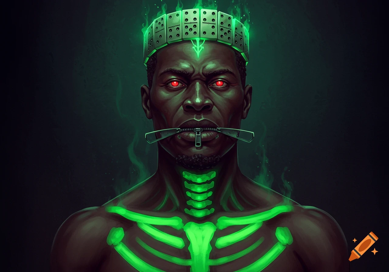 Dark digital art portrait of a man with glowing red eyes, a zipper mouth, a domino crown, and a glowing green skeleton on his torso.