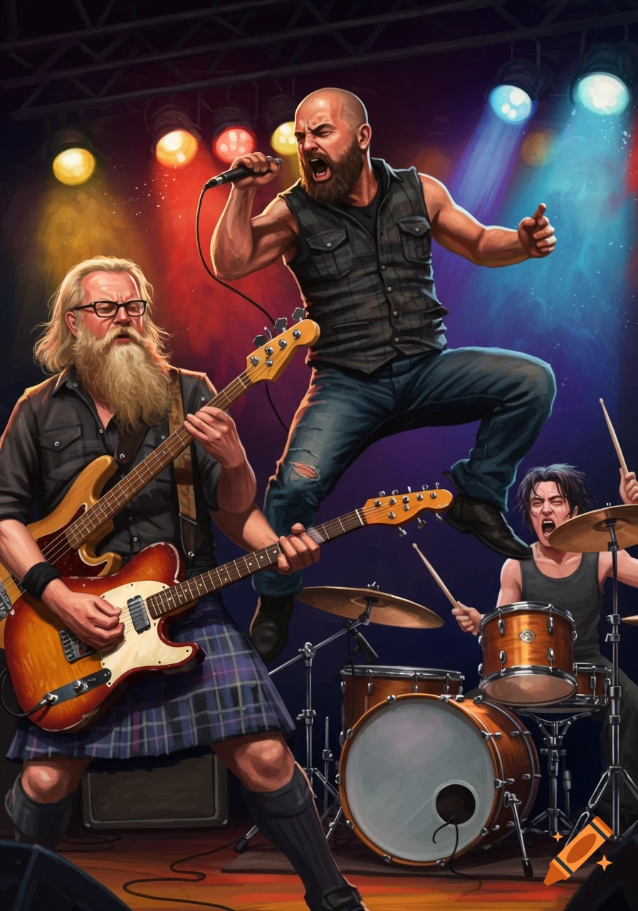 A dynamic rock band performs on stage with a leaping bald singer, a bearded guitarist in a kilt, and an intense drummer under vibrant stage lights.
