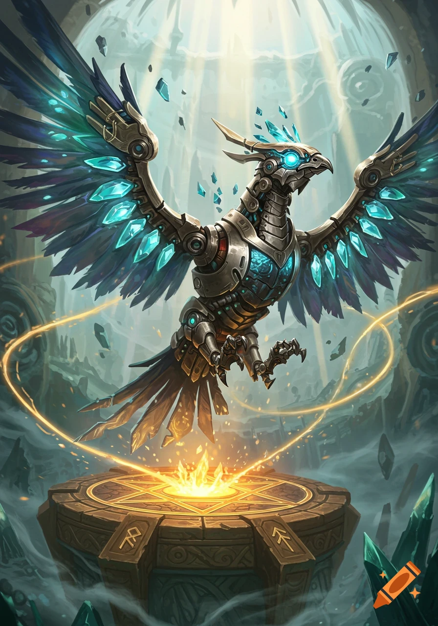 A majestic robotic bird, adorned with glowing blue crystals, hovers above a glowing rune-etched stone pedestal in a mystical cavern, in a fantasy art style.