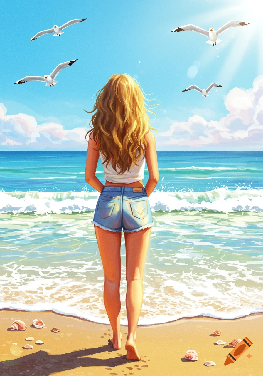 An illustration of a woman with long blonde hair, seen from behind, standing on a sunny beach looking at the ocean with seagulls flying above.
