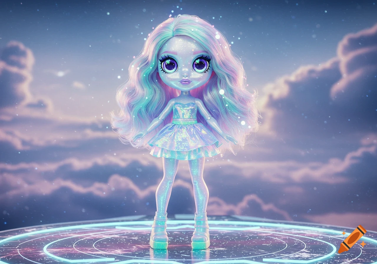 A stylized doll with large, sparkling eyes and flowing pastel hair stands on a glowing platform in a cloudy, star-filled sky.