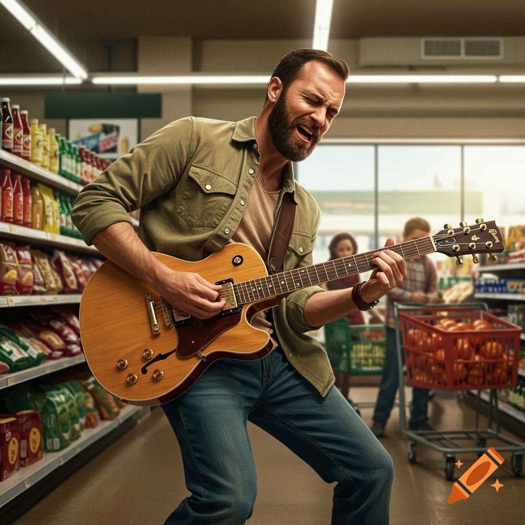 Bearded man enthusiastically playing an electric guitar in a grocery store aisle.