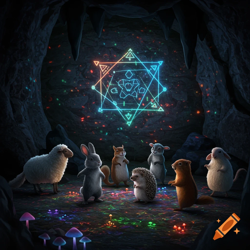 Cute animals in a dark cave, lit by a glowing geometric symbol and colorful mushrooms, standing on a ground scattered with light.
