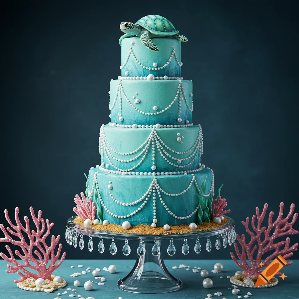 A photorealistic four-tiered turquoise cake decorated with white pearls, topped with a turtle, and surrounded by pink coral and loose pearls.