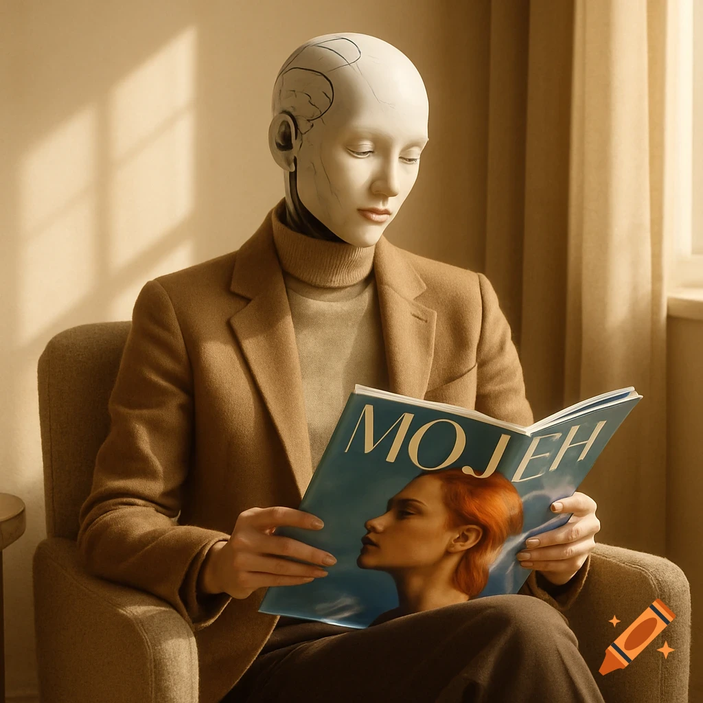 A photorealistic image of a robot with a pale head, wearing a brown jacket and beige turtleneck, sitting in a chair and reading a magazine titled MOJEH.