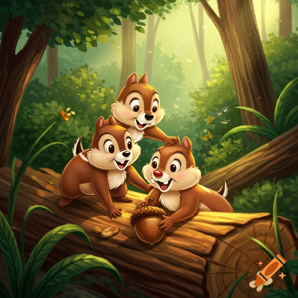 Three happy cartoon chipmunks on a log in a sunny forest, one holding an acorn.