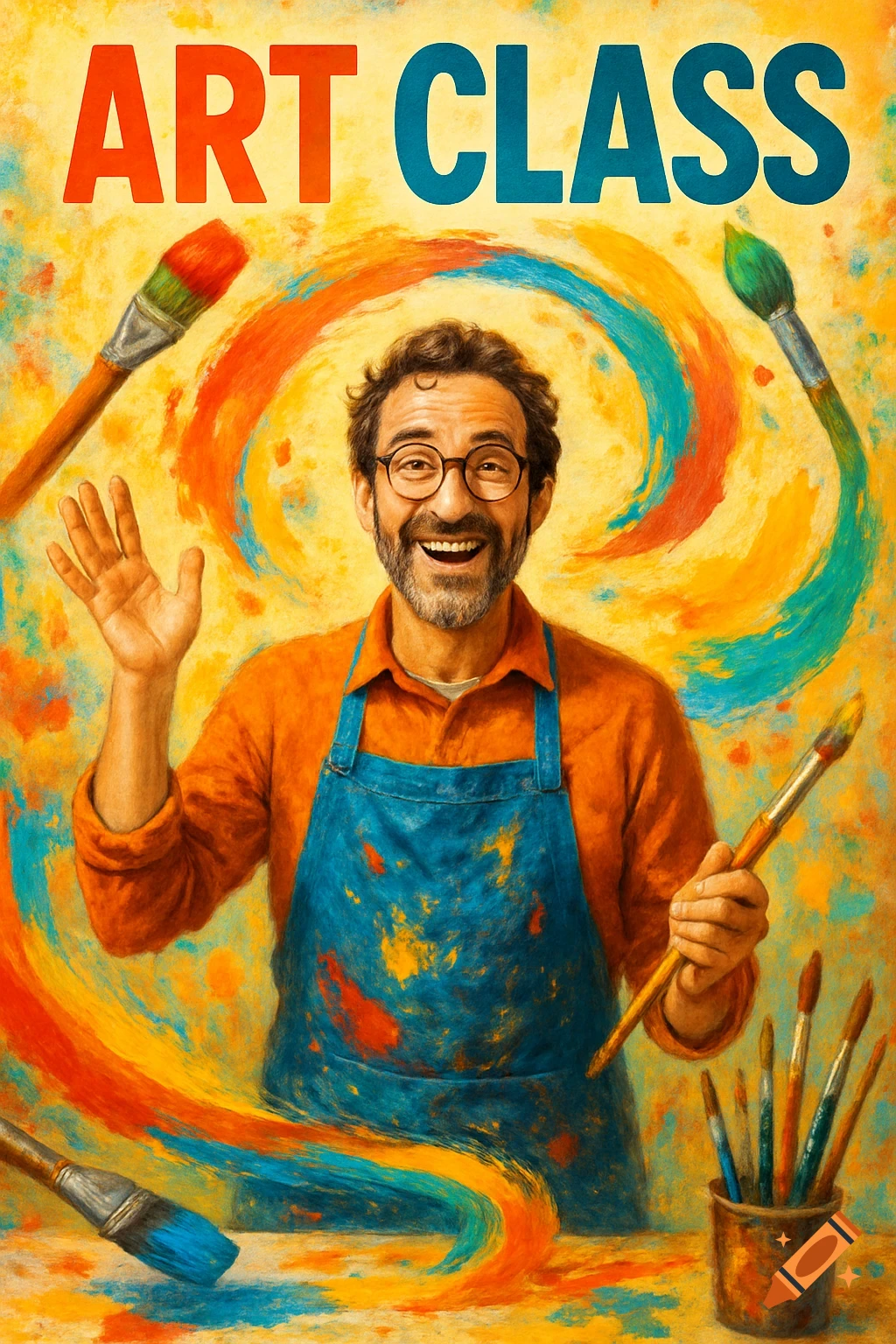 A smiling male art teacher in a paint-splattered apron waves, surrounded by colorful paint strokes, brushes, and the words ART CLASS.