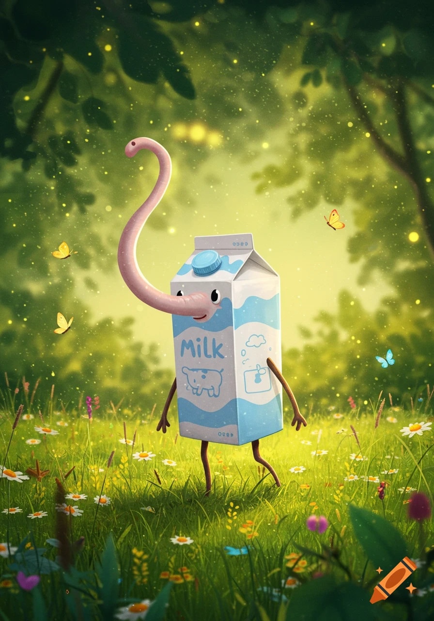 A whimsical milk carton creature with a long pink nose stands in a sunlit meadow with flowers and butterflies, a blurred forest in the background.