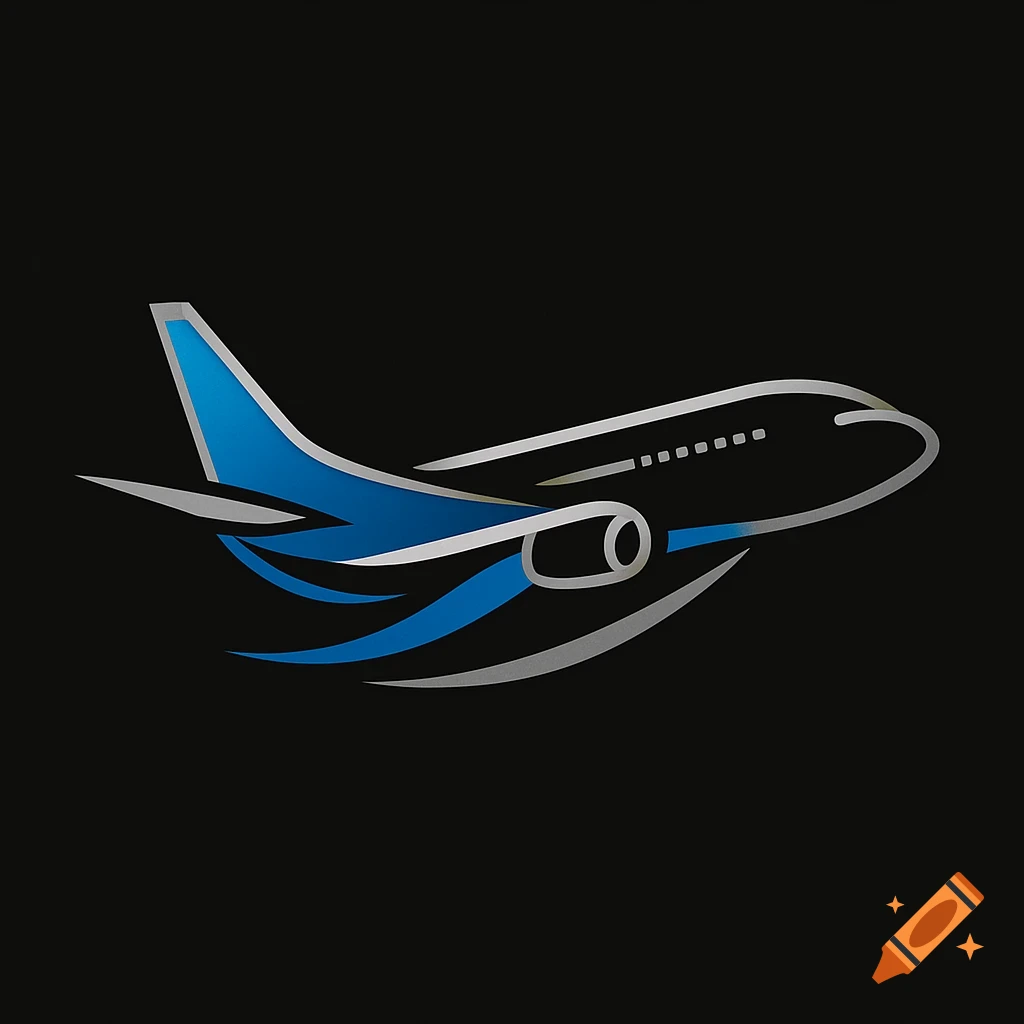 Stylized blue and silver airplane logo on a black background.