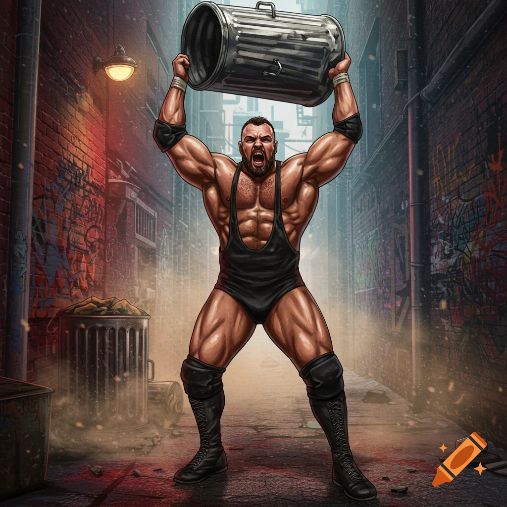 A muscular wrestler in a black singlet lifts a trash can overhead in a graffiti-covered alleyway, in a comic art style.