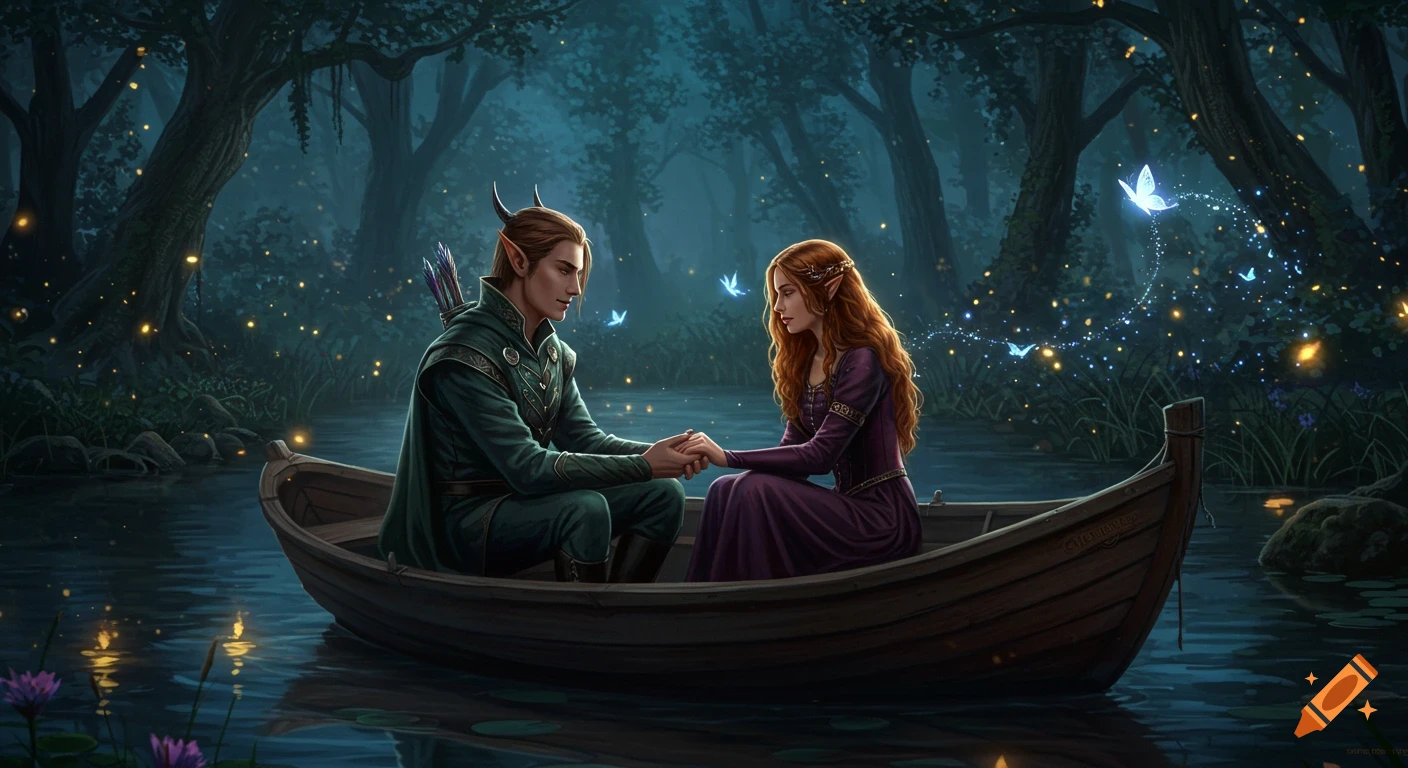An elven couple in a boat holding hands on a magical river surrounded by an enchanted forest with glowing fireflies and butterflies.