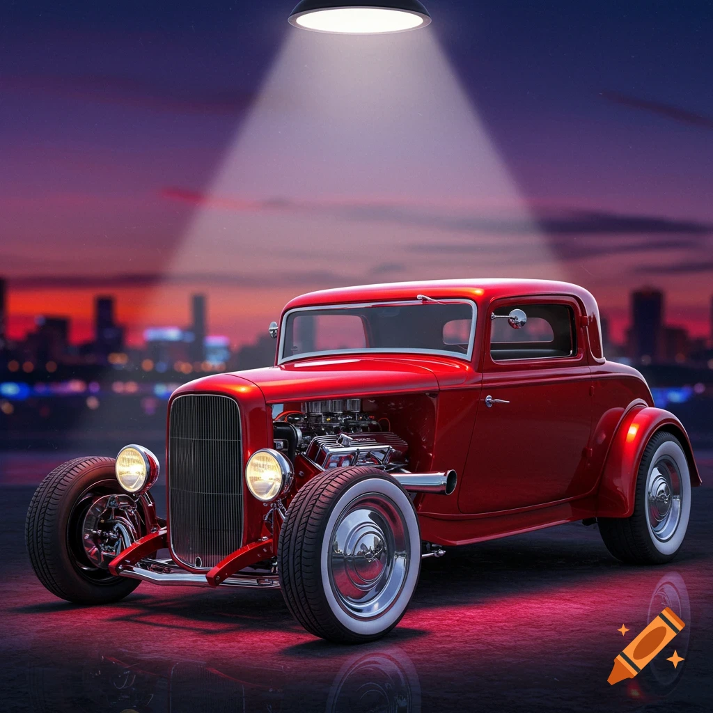 Red 1932 Ford hot rod with chrome engine and wheels under a spotlight, city skyline background at dusk.