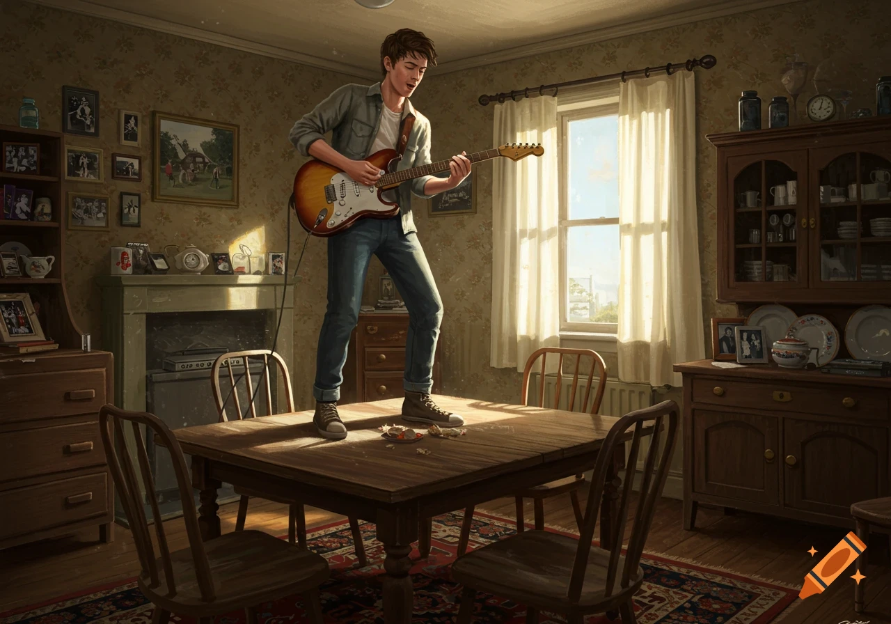 A young man stands on a dining room table, enthusiastically playing an electric guitar in a sunlit, cozy room.