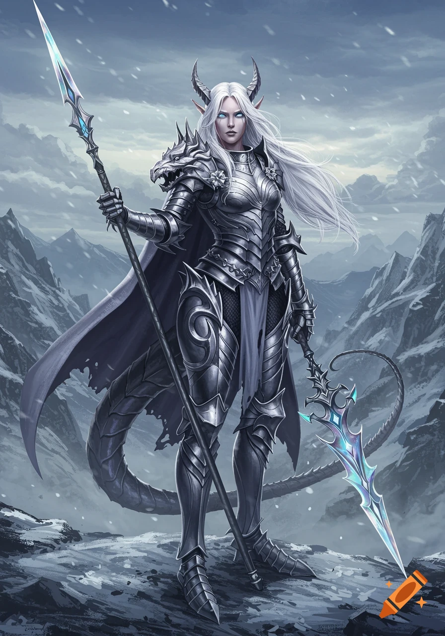 A white-haired female dragoon in detailed silver armor with a spear stands in a snowy mountain landscape.