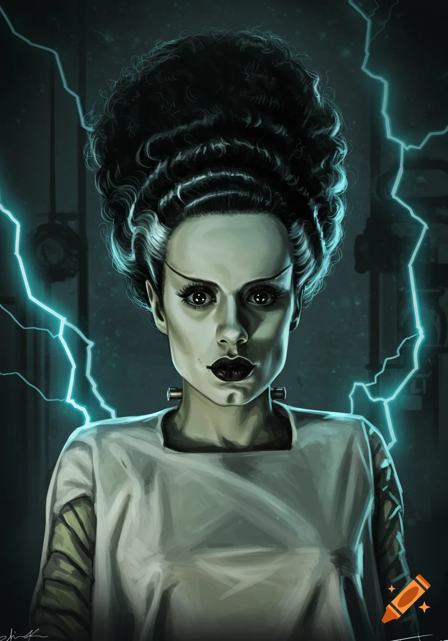 Stylized portrait of the Bride of Frankenstein, with her signature black and white hair, green skin, and neck bolts, against a dark background with electric blue lightning.