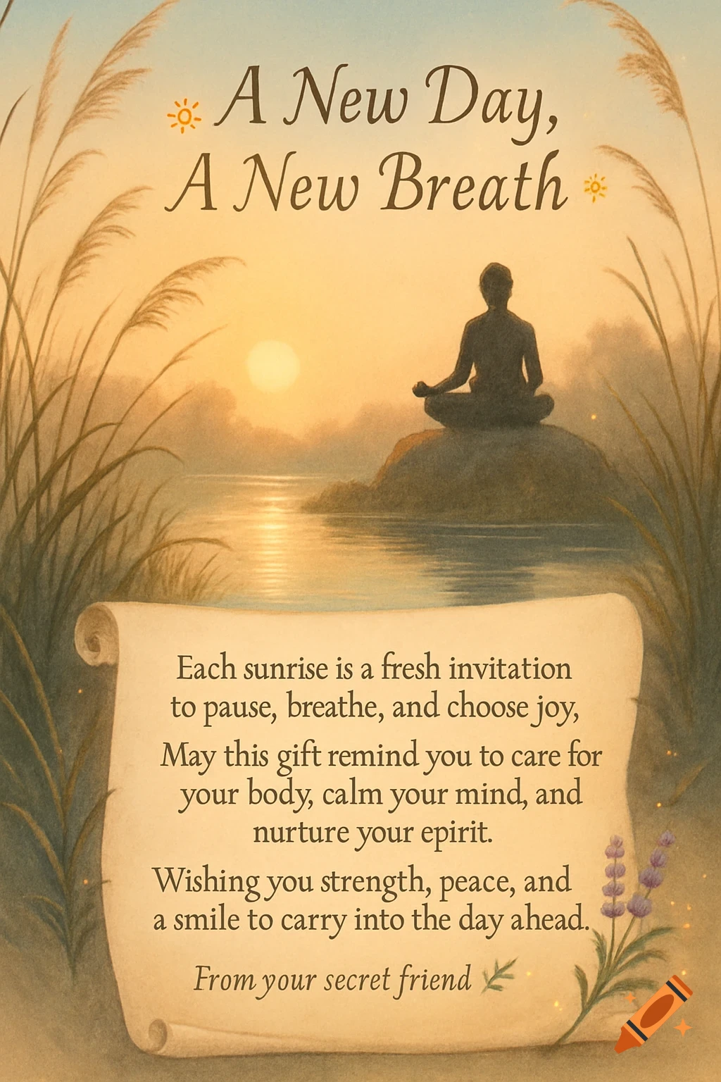An illustration of a person meditating on a rock in a calm lake at sunrise with tall grasses. A scroll with an inspirational message is in the foreground, and the title reads "A New Day, A New Breath".